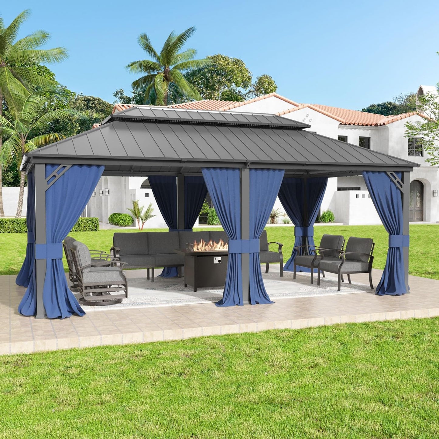 12'x14' Hardtop Gazebo,Double Roof, Outdoor Galvanized Steel Metal Gazebo with Curtains and Netting for Patios, Gardens, Lawns,NavyBlue