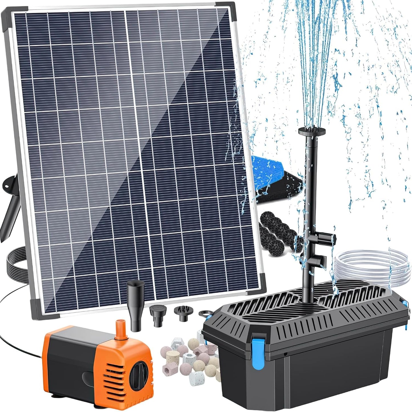 Antfraer Solar Fountain Pump with Pond Filter Kit, 40W Panel Solar Pond Pump with Pond Filter Box, Pond Filter for Outdoor Pond Garden Fountains Waterfalls DIY Water Feature