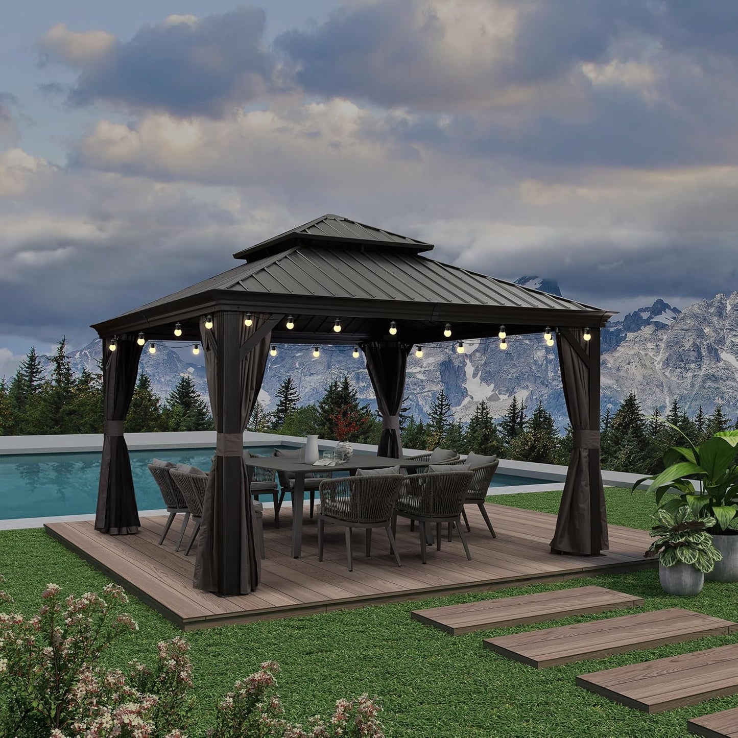 PURPLE LEAF 12' X 20' Permanent Hardtop Gazebo Aluminum Gazebo with Galvanized Steel Double Roof for Patio Lawn and Garden, Curtains and Netting Included, Grey