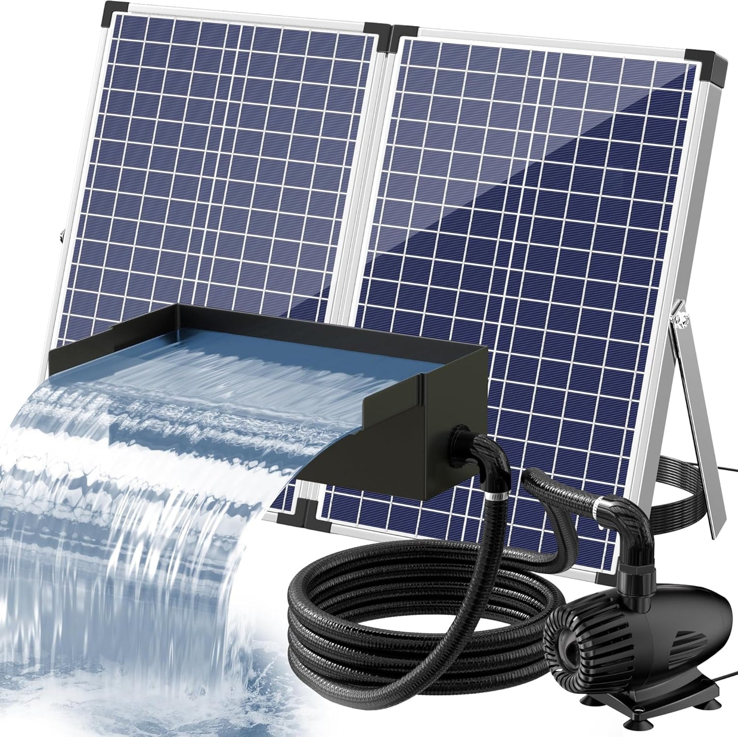 POPOSOAP 55W Solar Fountain Pump with Pond Waterfall Box, 304 Stainless Steel Pond Waterfall Spillway, Pond Spillway with 9.8FT PU Corrugated Tubing for Garden Waterfall,Water Features-P5552