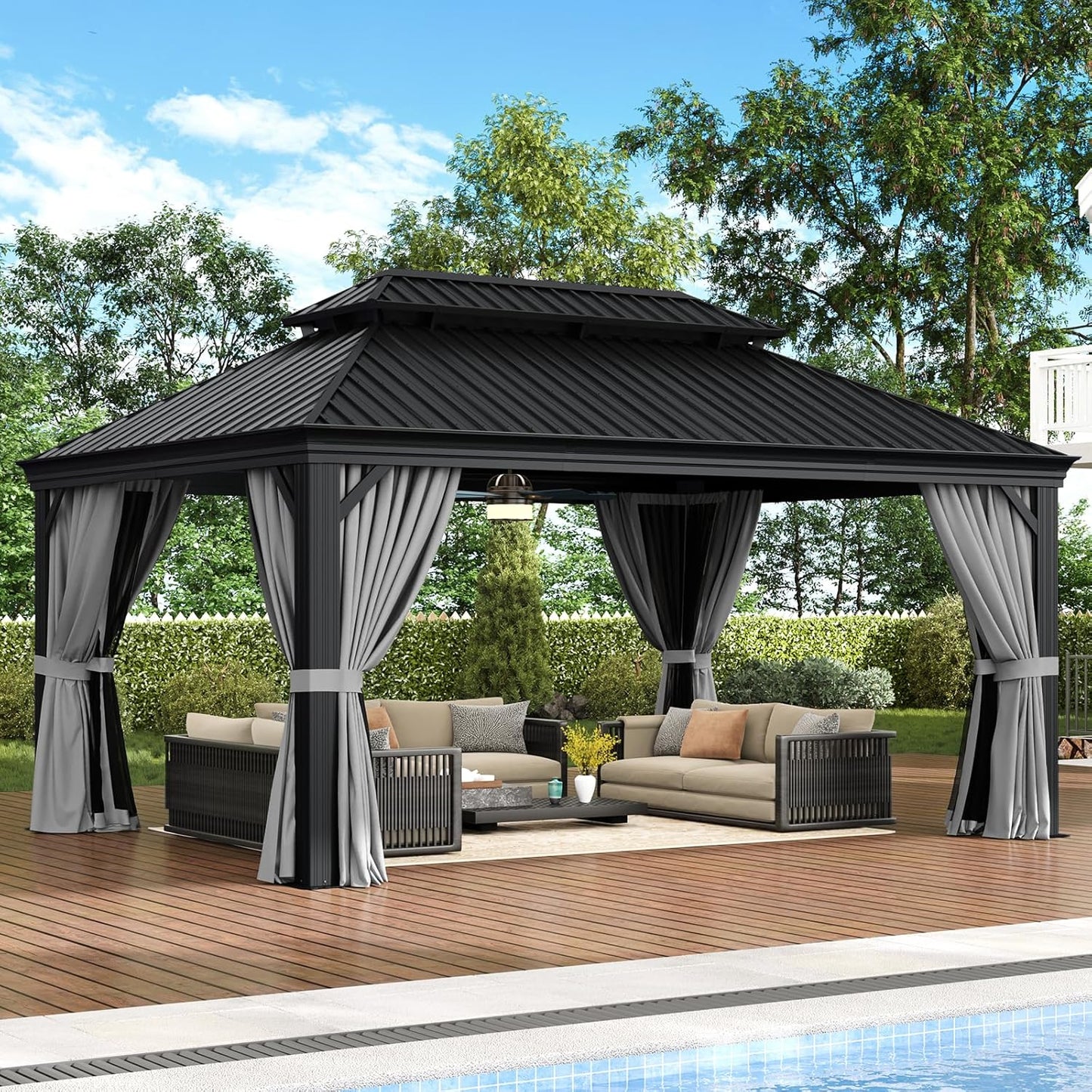 Aoxun Hardtop Gazebo 10x12, Aluminum Frame Canopy with Double Galvanized Steel Roof, Outdoor Gazebo with Breathable Netting and Privacy Curtain for Backyard