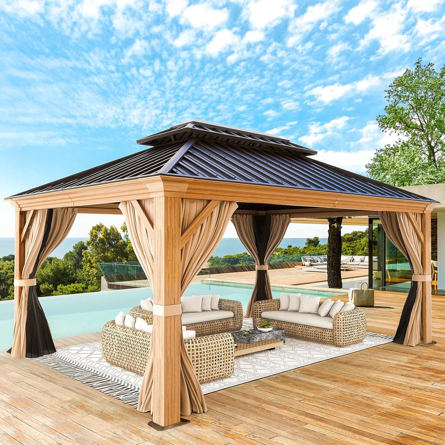 YOLENY 12' x 12' Gazebo Hardtop with Aluminum Frame,Galvanized Steel Double Roof Gazebos with Curtain and Netting,Outdoor Metal Pergolas for Garden, Lawn, Deck, Brown