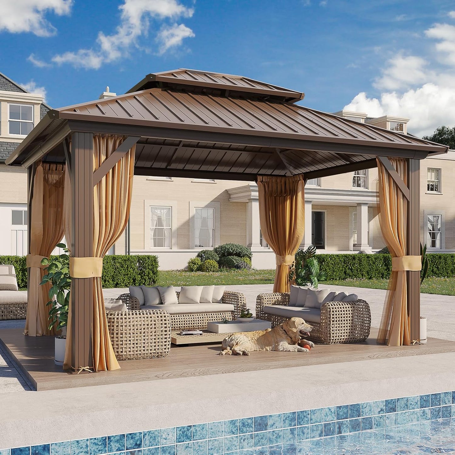 YOLENY 12' x 12' Gazebo Hardtop with Aluminum Frame,Galvanized Steel Double Roof Gazebos with Curtain and Netting,Outdoor Metal Pergolas for Garden, Lawn, Deck, Brown