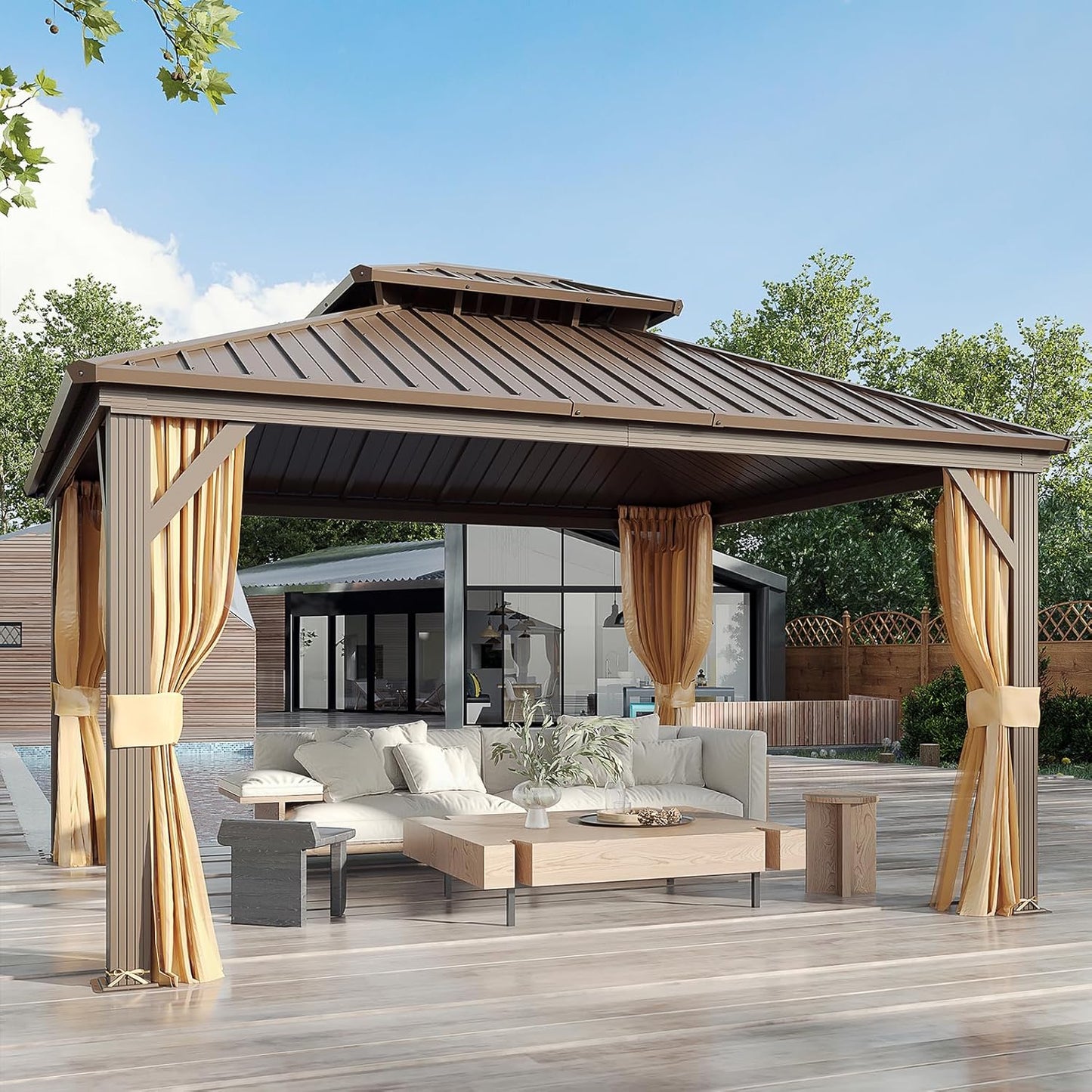 YOLENY 12' x 12' Gazebo Hardtop with Aluminum Frame,Galvanized Steel Double Roof Gazebos with Curtain and Netting,Outdoor Metal Pergolas for Garden, Lawn, Deck, Brown