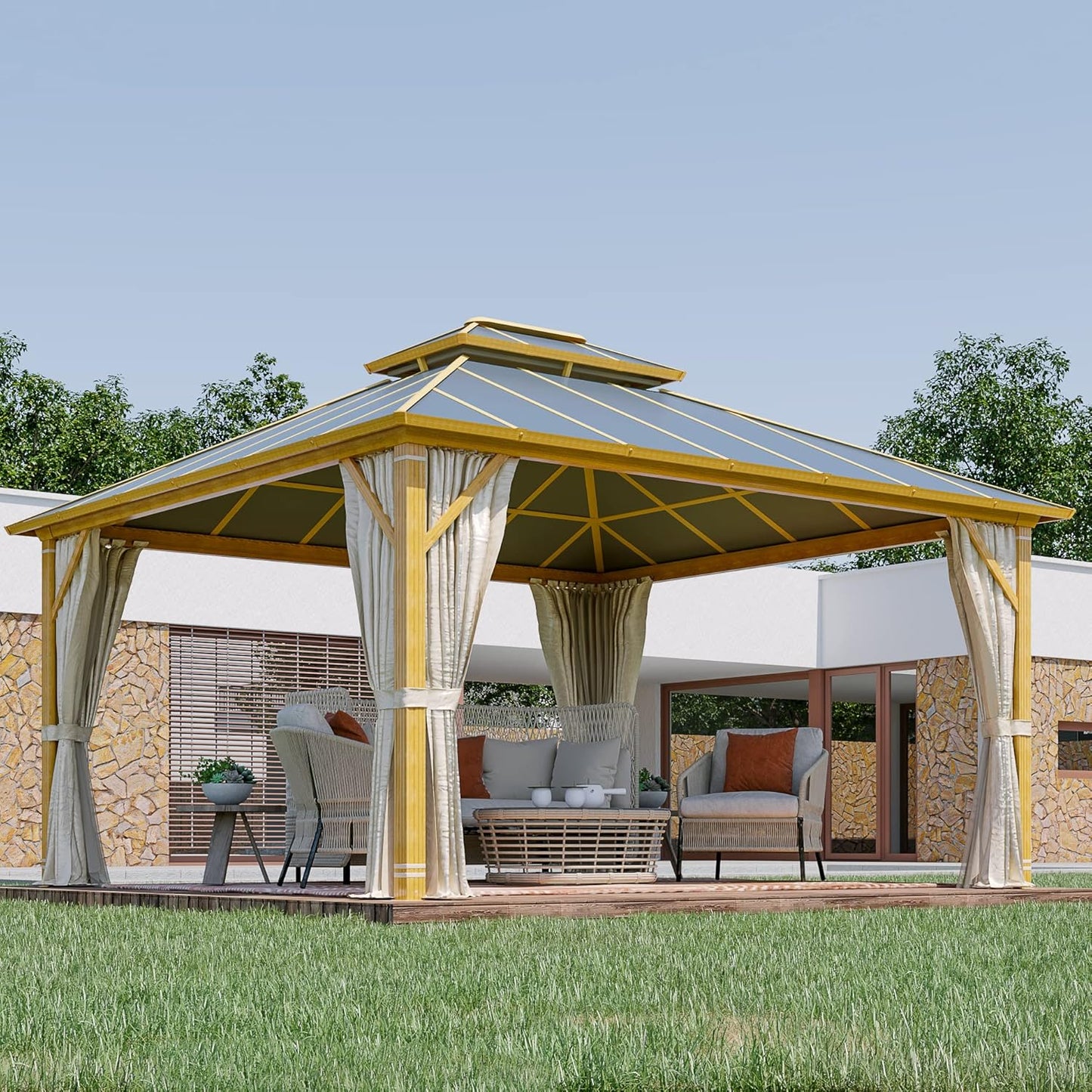 YOLENY 12' x 12' Gazebo Hardtop with Aluminum Frame,Galvanized Steel Double Roof Gazebos with Curtain and Netting,Outdoor Metal Pergolas for Garden, Lawn, Deck, Brown