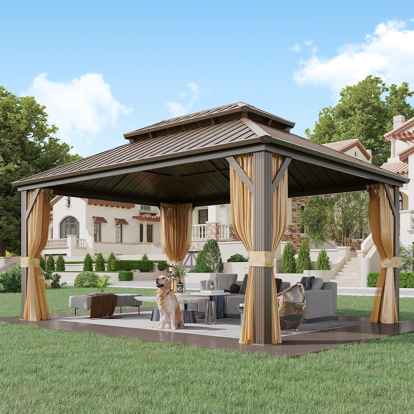 YOLENY 12' x 12' Gazebo Hardtop with Aluminum Frame,Galvanized Steel Double Roof Gazebos with Curtain and Netting,Outdoor Metal Pergolas for Garden, Lawn, Deck, Brown